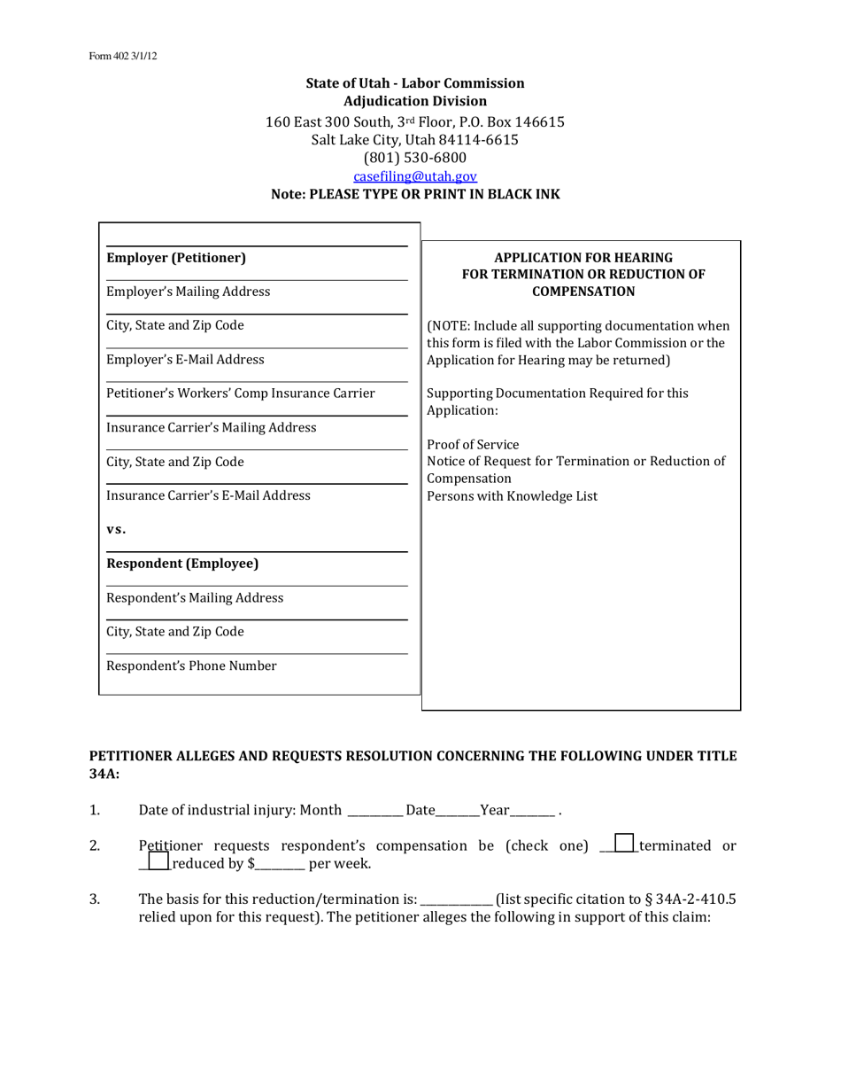 Form 402 Application for Hearing for Termination or Reduction of Compensation - Utah, Page 1