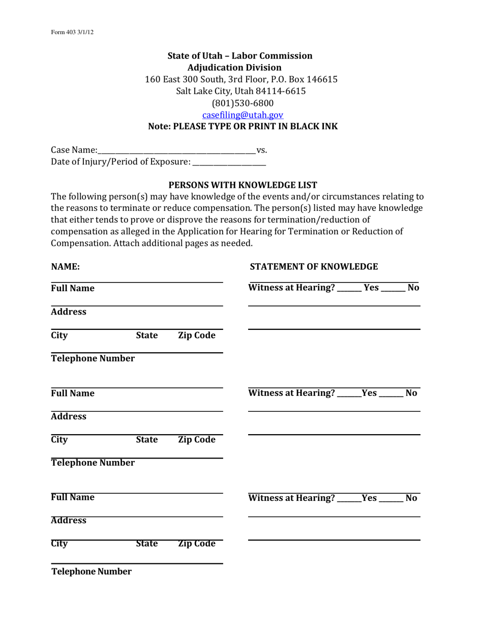 Form 403 Persons With Knowledge List - Utah, Page 1