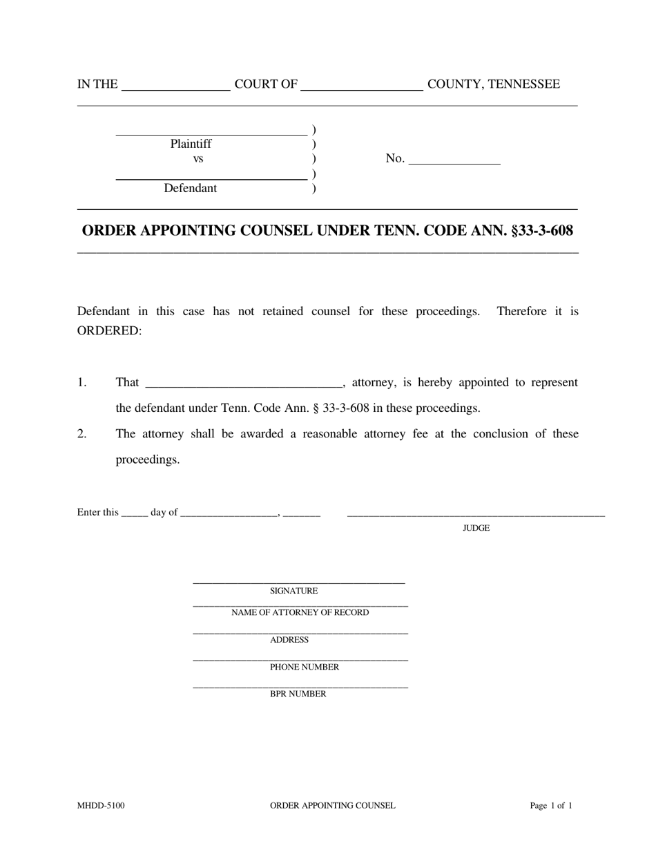 Form MHDD-5100 Order Appointing Counsel Under Tenn. Code Ann. 33-3-608 - Tennessee, Page 1