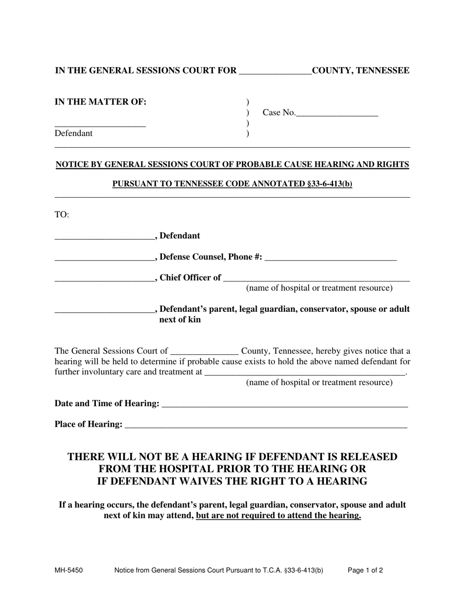 Form MH-5450 Notice From General Sessions Court Pursuant to T.c.a. 33-6-413(B) - Tennessee, Page 1