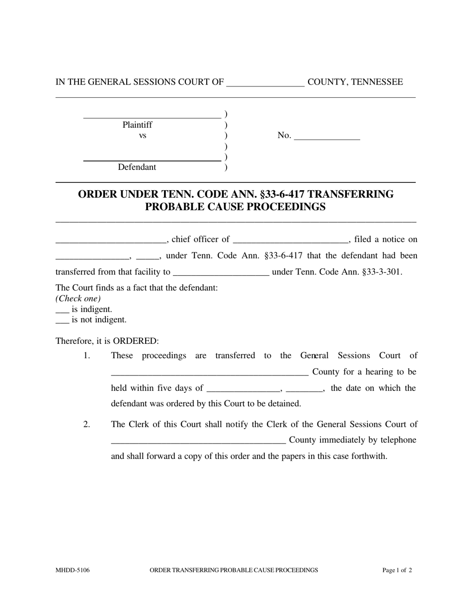 Form MHDD-5106 Order Under Tenn. Code Ann. 33-6-417 Transferring Probable Cause Proceedings - Tennessee, Page 1