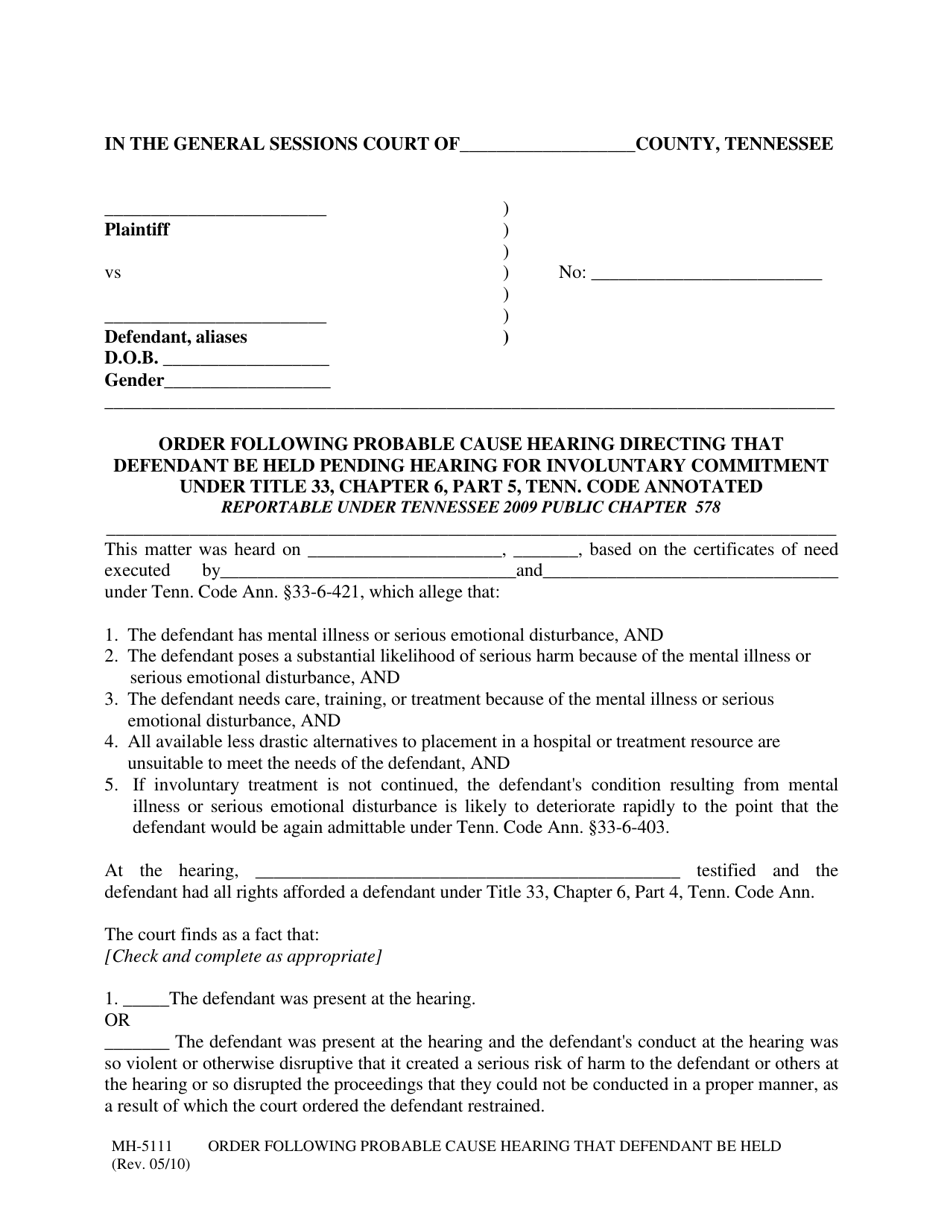 Form MH-5111 Download Fillable PDF or Fill Online Order Following ...