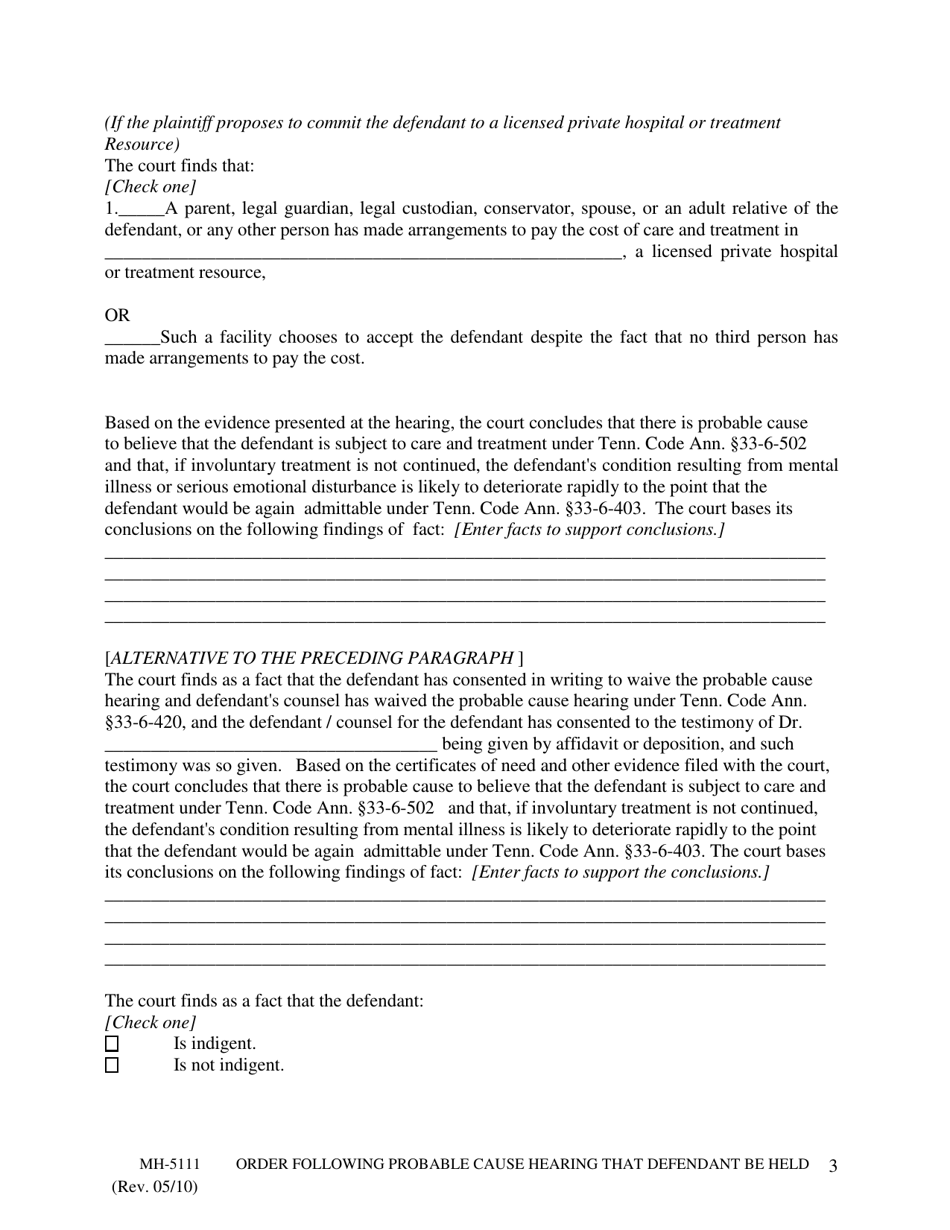 Form MH-5111 Order Following Probable Cause Hearing Directing That Defendant Be Held Pending Hearing for Involuntary Commitment Under Title 33, Chapter 6, Part 5, Tenn. Code Annotated - Tennessee, Page 3