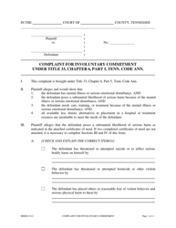 Form MHDD-5112 Complaint for Involuntary Commitment Under Title 33, Chapter 6, Part 5, Tenn. Code Ann. - Tennessee