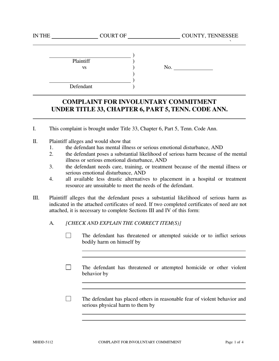 Form MHDD-5112 Complaint for Involuntary Commitment Under Title 33, Chapter 6, Part 5, Tenn. Code Ann. - Tennessee, Page 1