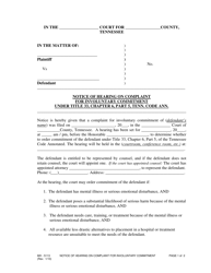 Document preview: Form MH-5113 Notice of Hearing on Complaint for Involuntary Commitment Under Title 33, Chapter 6, Part 5, Tenn. Code Ann. - Tennessee