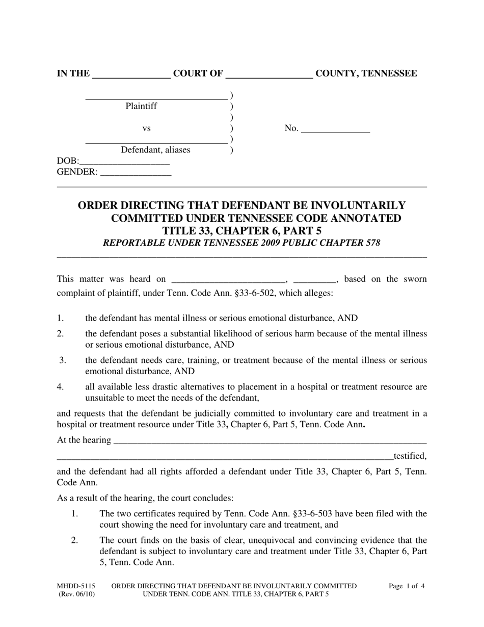 Form MHDD-5115 Order Directing That Defendant Be Involuntarily Committed Under Tennessee Code Annotated Title 33, Chapter 6, Part 5 - Tennessee, Page 1