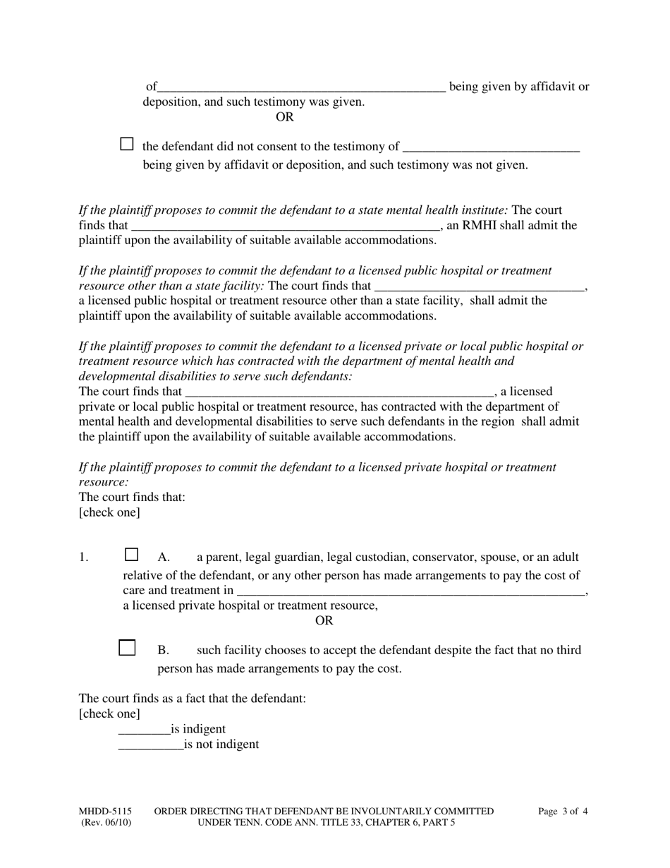 Form MHDD-5115 Order Directing That Defendant Be Involuntarily Committed Under Tennessee Code Annotated Title 33, Chapter 6, Part 5 - Tennessee, Page 3