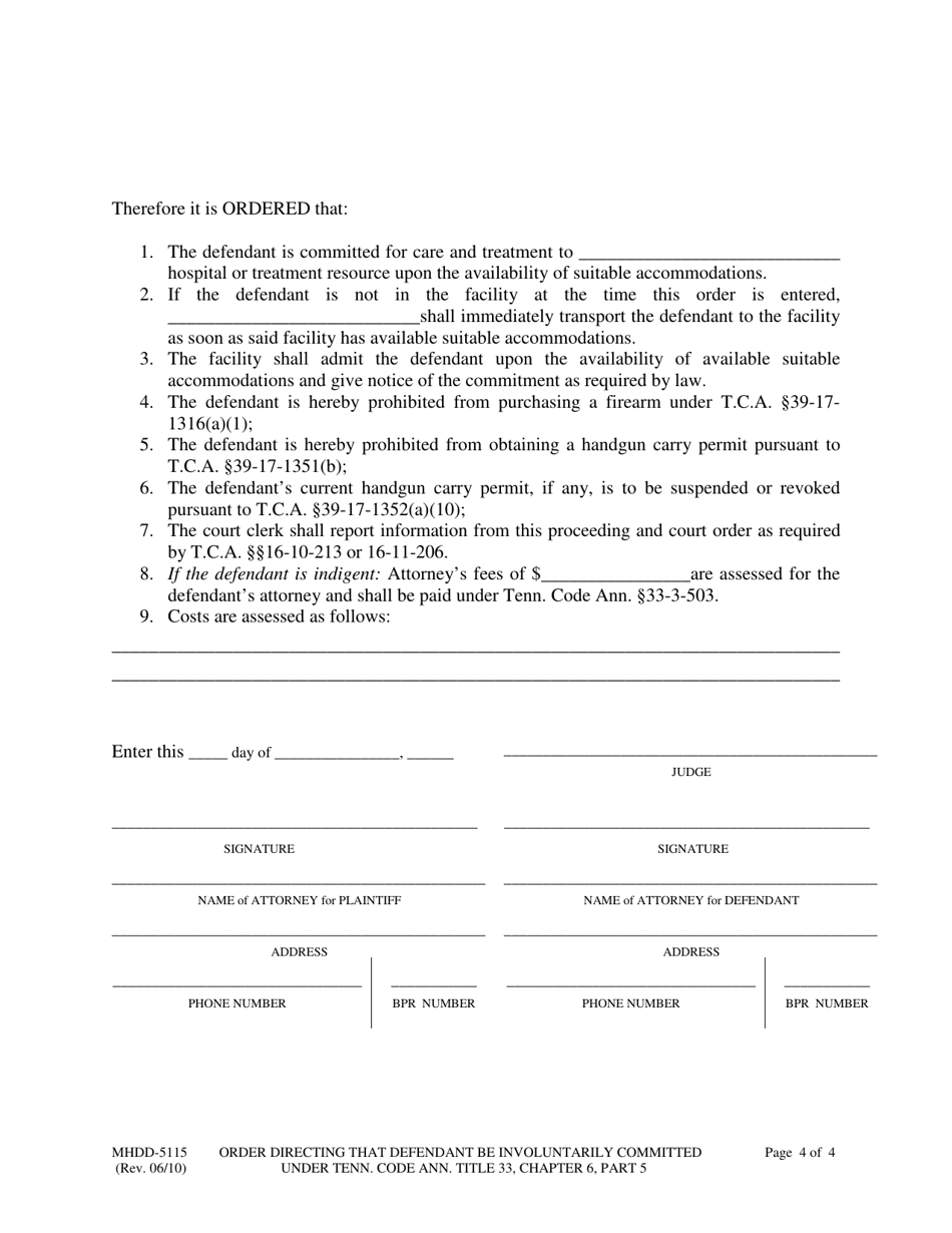 Form MHDD-5115 Order Directing That Defendant Be Involuntarily Committed Under Tennessee Code Annotated Title 33, Chapter 6, Part 5 - Tennessee, Page 4
