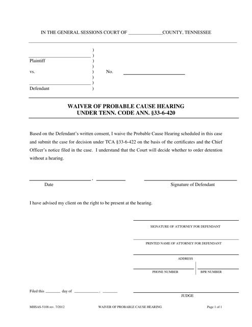 Form MHSAS-5108 Waiver of Probable Cause Hearing Under Tenn. Code Ann. 33-6-420 - Tennessee