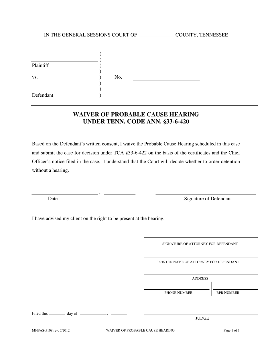 Form MHSAS-5108 Waiver of Probable Cause Hearing Under Tenn. Code Ann. 33-6-420 - Tennessee, Page 1
