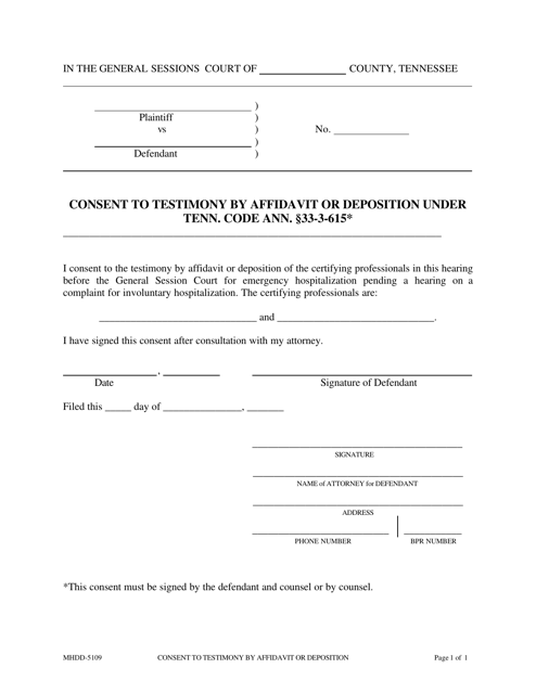 Form MHDD-5109 Consent to Testimony by Affidavit or Deposition Under Tenn. Code Ann. 33-3-615 - Tennessee