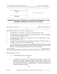 Form MHDD-5110 Order Releasing Defendant Following Probable Cause Hearing Under Tenn. Code Ann. 33-6-423 - Tennessee