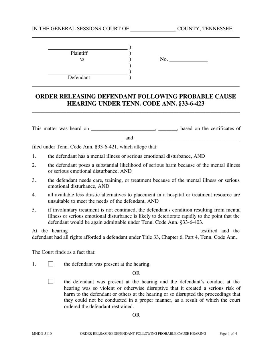 Form MHDD-5110 Order Releasing Defendant Following Probable Cause Hearing Under Tenn. Code Ann. 33-6-423 - Tennessee, Page 1