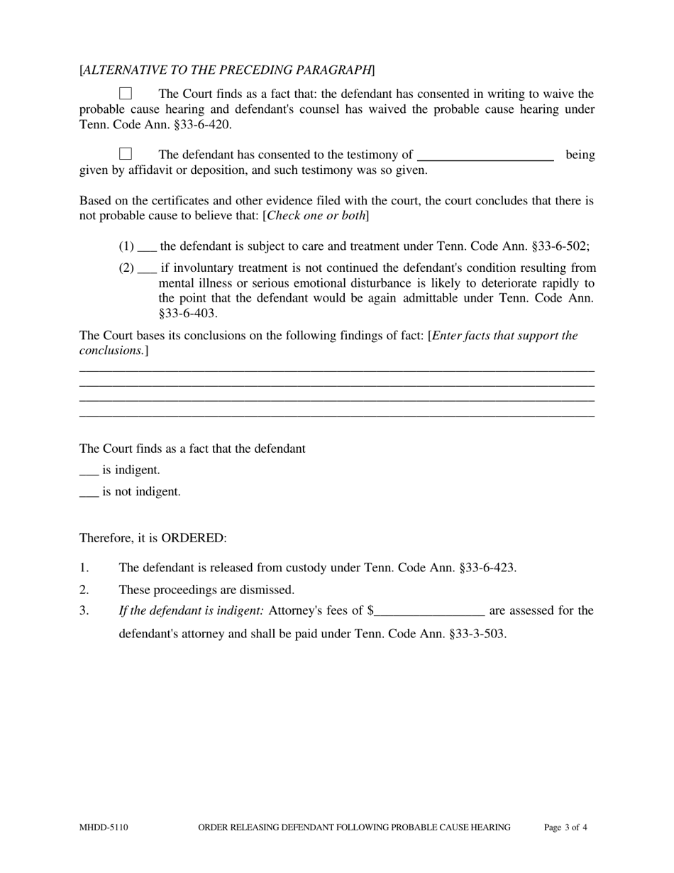 Form MHDD-5110 Order Releasing Defendant Following Probable Cause Hearing Under Tenn. Code Ann. 33-6-423 - Tennessee, Page 3