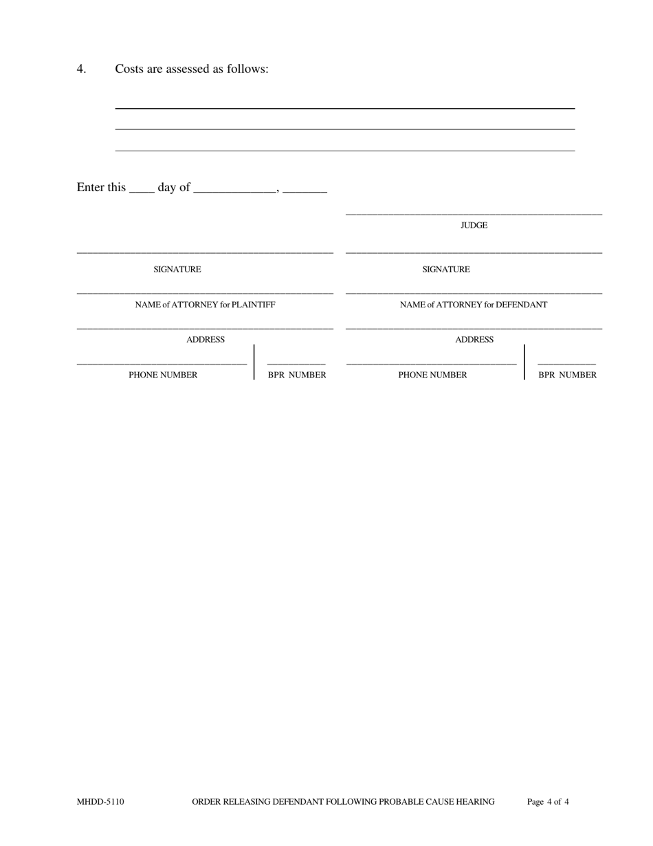 Form MHDD-5110 Order Releasing Defendant Following Probable Cause Hearing Under Tenn. Code Ann. 33-6-423 - Tennessee, Page 4