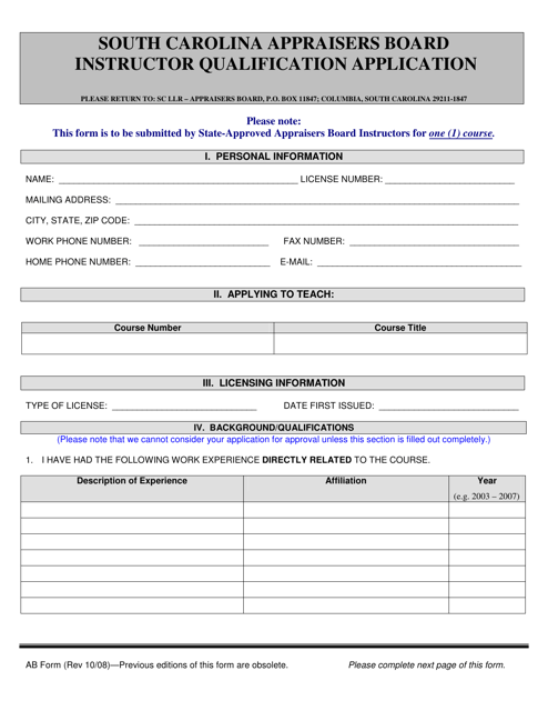 Appraisers Board Instructor Qualification Application - South Carolina Download Pdf