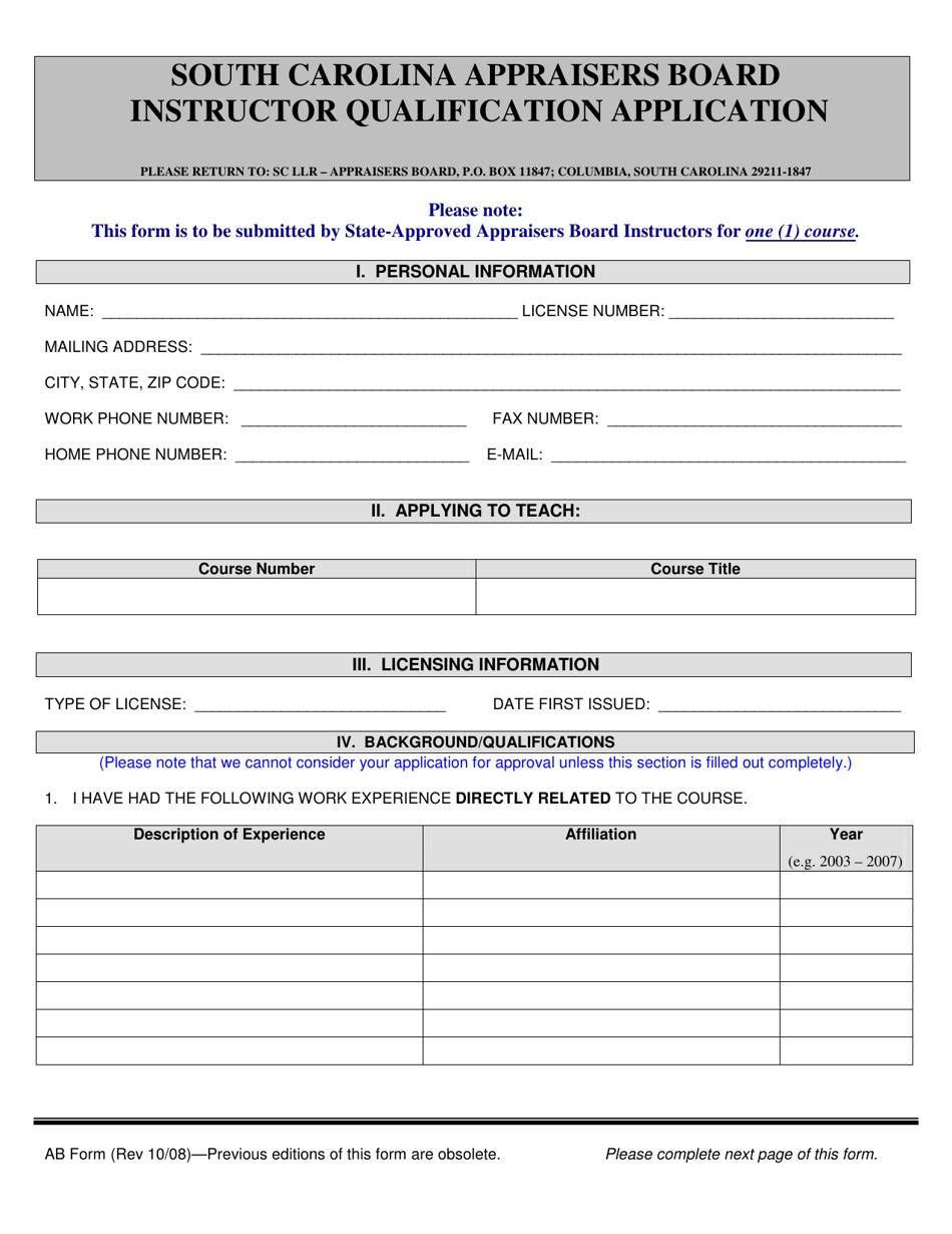 Appraisers Board Instructor Qualification Application - South Carolina, Page 1