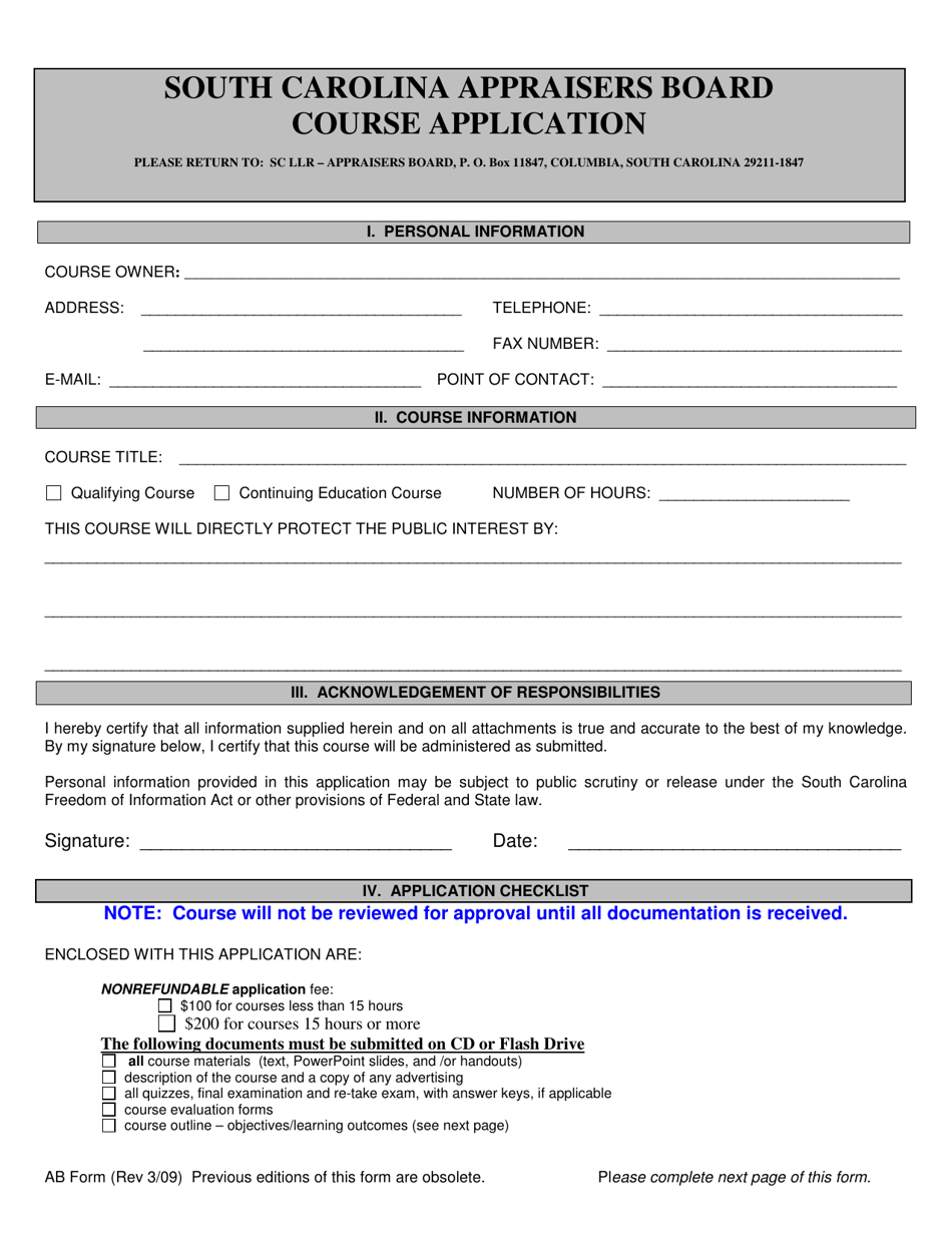 Appraisers Board Course Application - South Carolina, Page 1