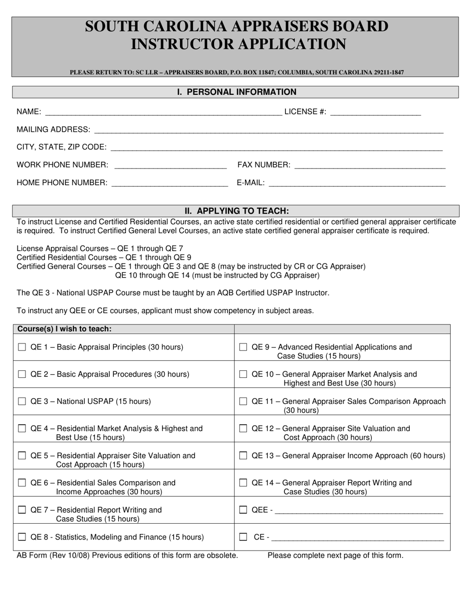 Appraisers Board Instructor Application - South Carolina, Page 1