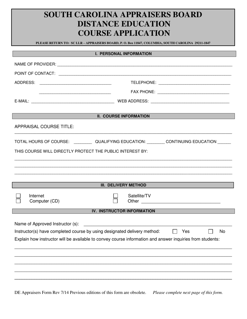 Appraisers Board Distance Education Course Application - South Carolina, Page 1