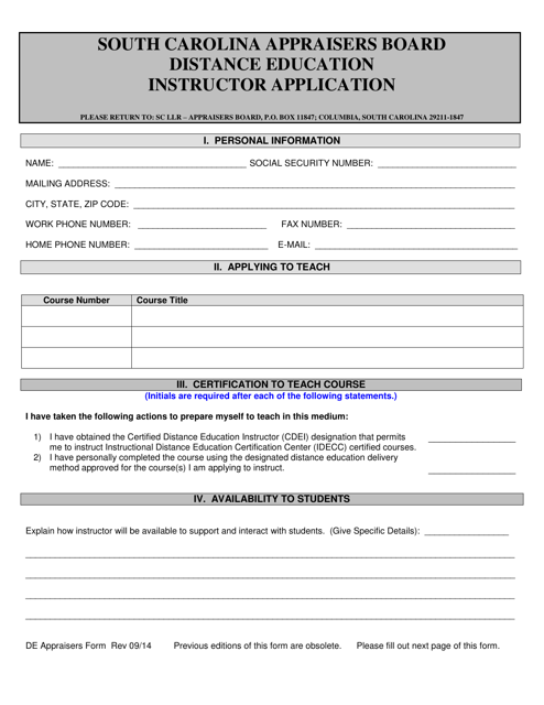 Appraisers Board Distance Education Instructor Application - South Carolina Download Pdf