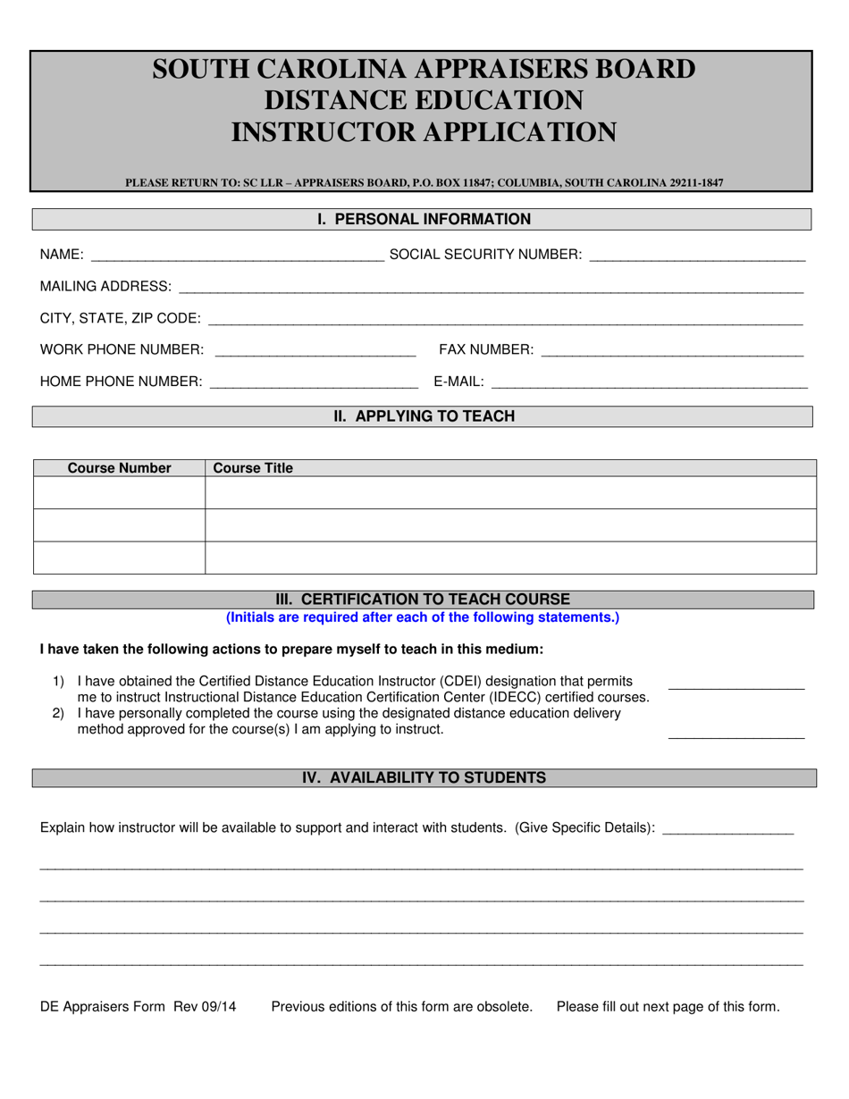 Appraisers Board Distance Education Instructor Application - South Carolina, Page 1