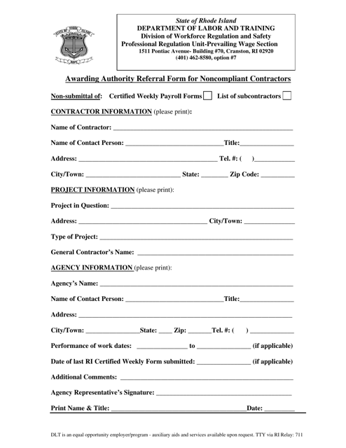 Awarding Authority Referral Form for Noncompliant Contractors - Rhode Island Download Pdf