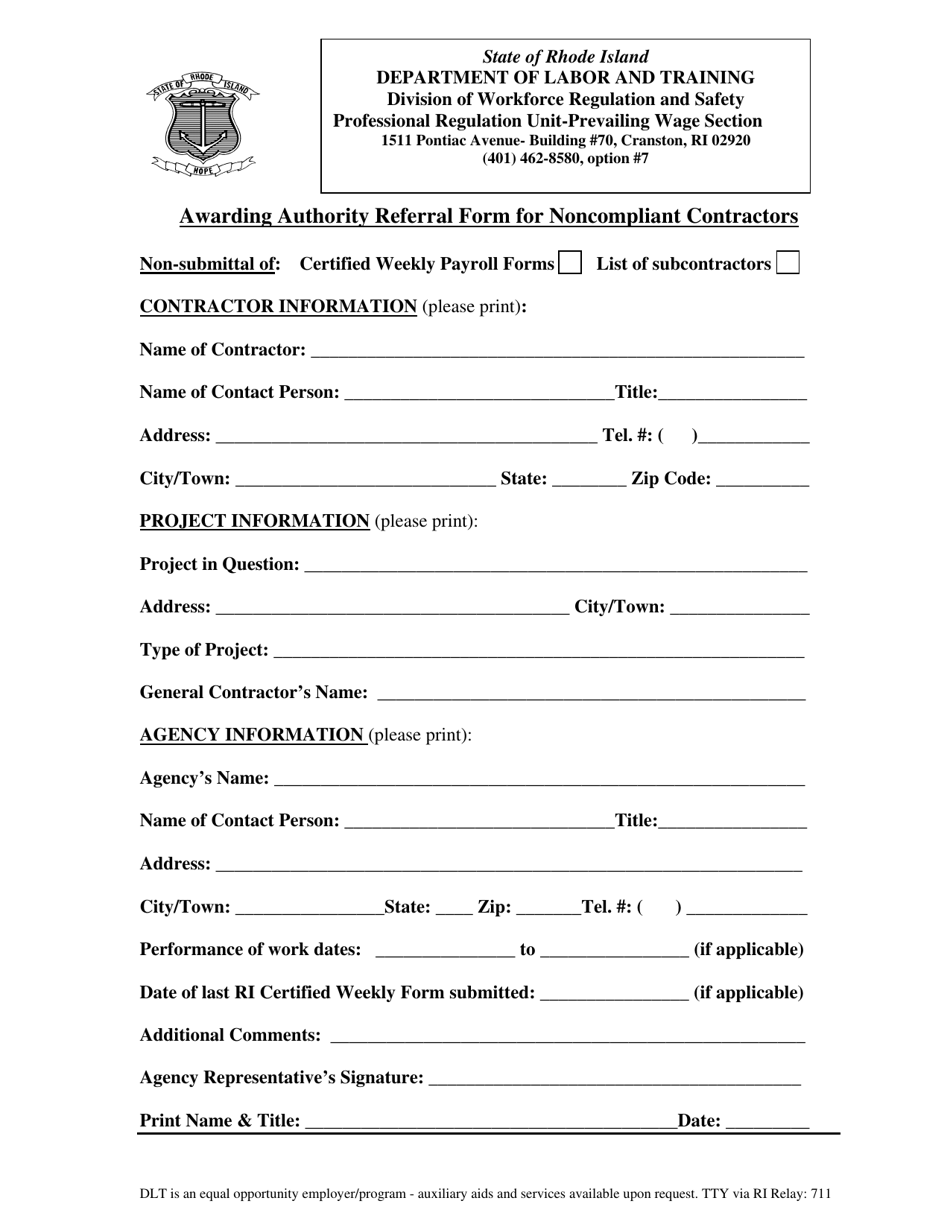 Awarding Authority Referral Form for Noncompliant Contractors - Rhode Island, Page 1