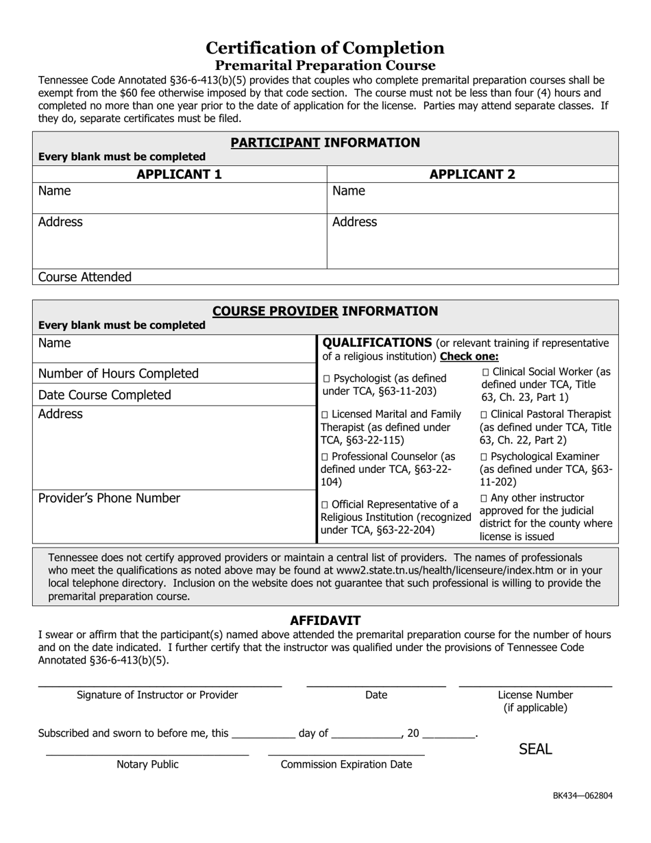 Form BK434 Certification of Completion Premarital Preparation Course - Tennessee, Page 1