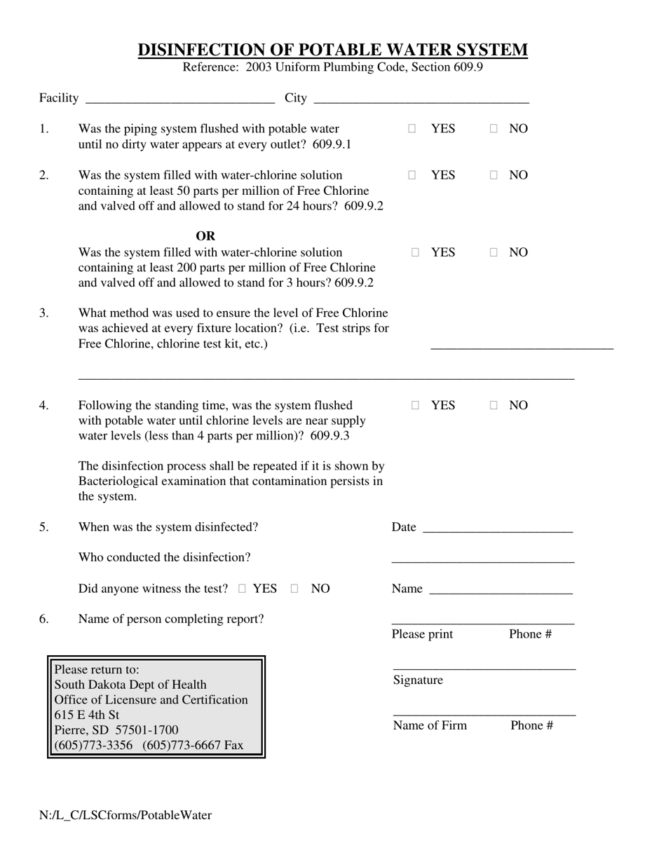 South Dakota Disinfection of Potable Water System - Fill Out, Sign ...