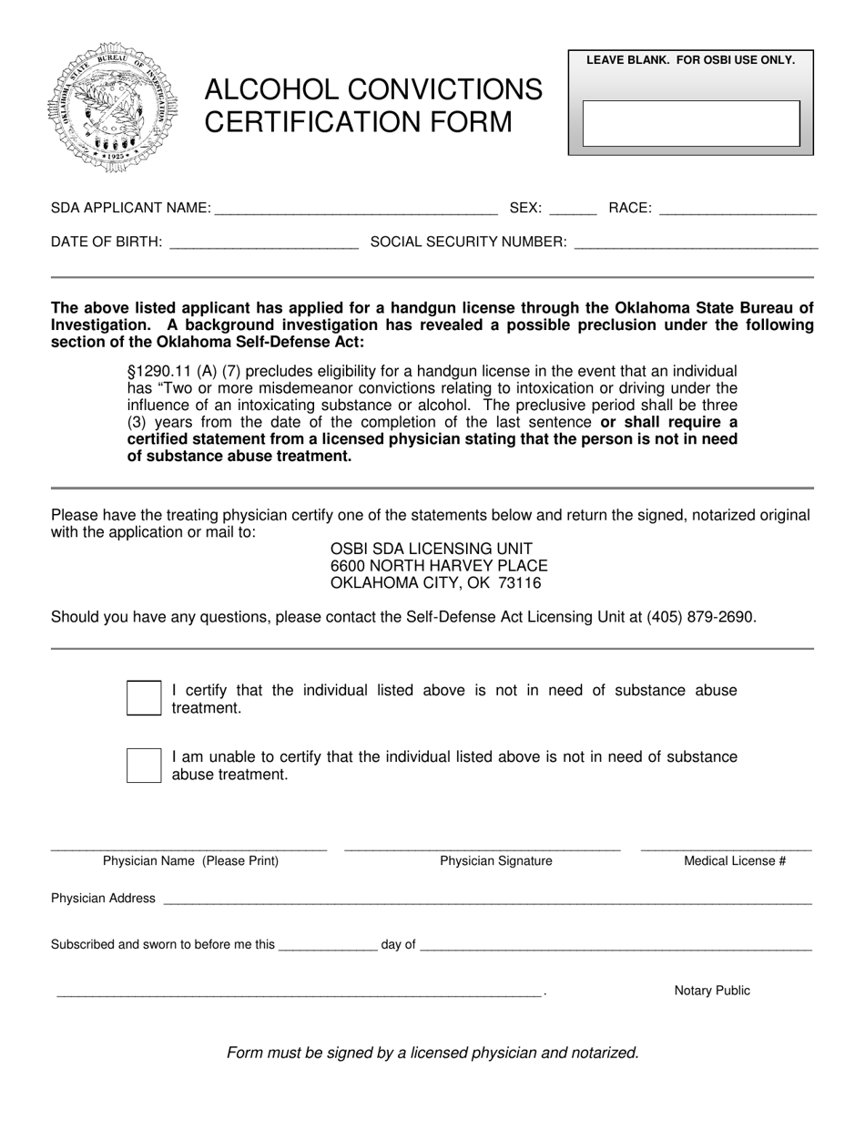 Alcohol Convictions Certification Form - Oklahoma, Page 1