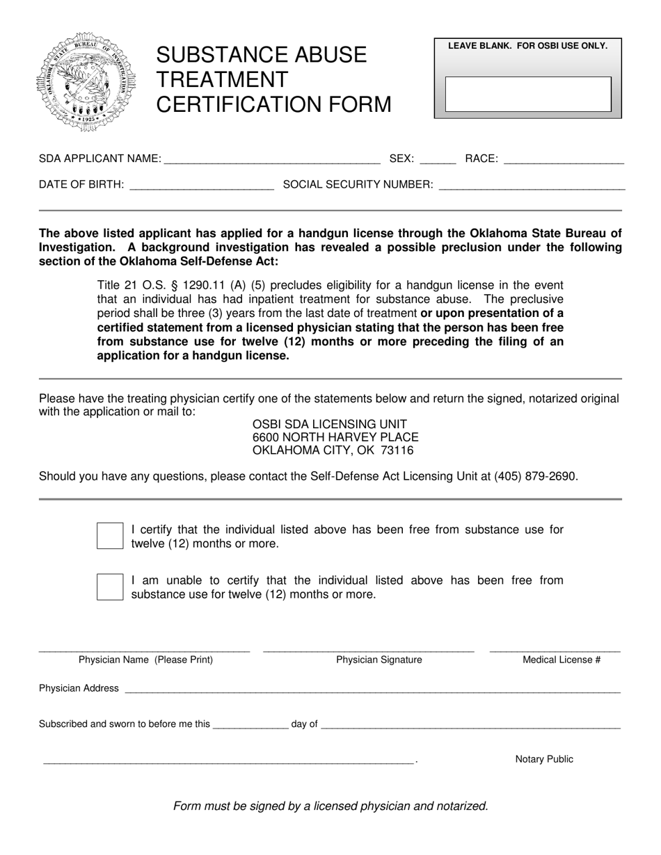Substance Abuse Treatment Certification Form - Oklahoma, Page 1