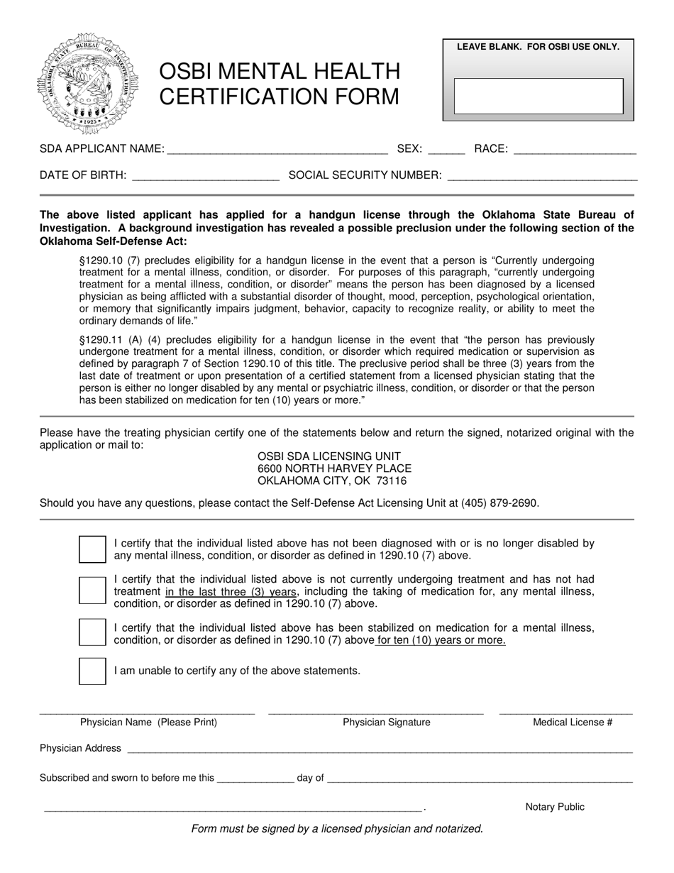 Osbi Mental Health Certification Form - Oklahoma, Page 1