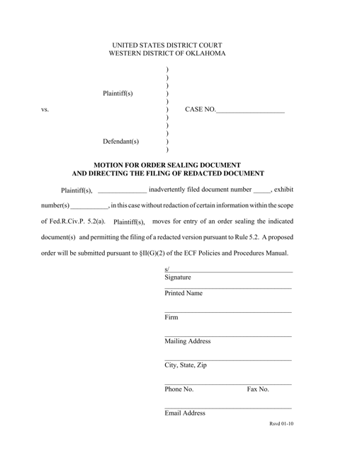 Motion for Order Sealing Document and Directing the Filing of Redacted Document - Oklahoma Download Pdf