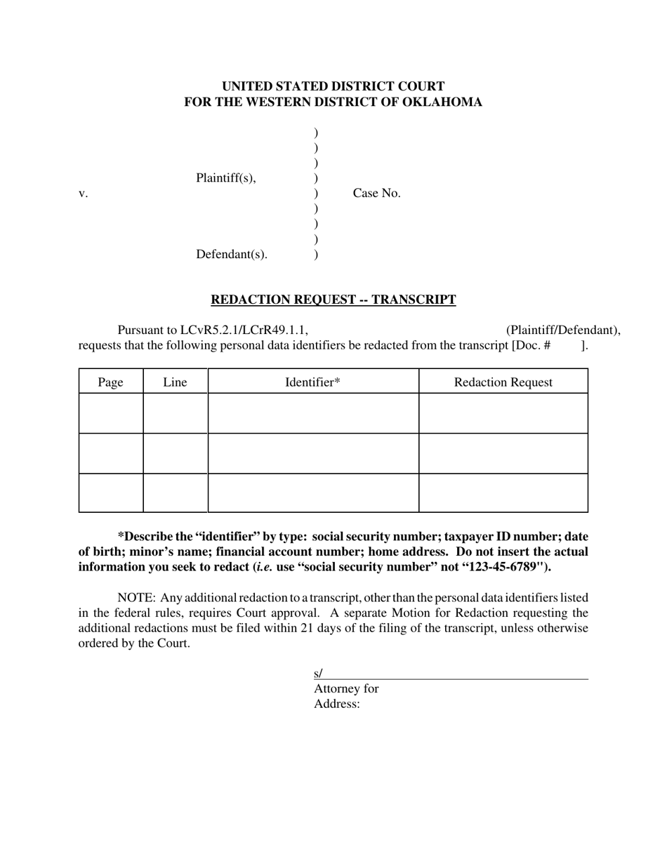Redaction Request - Transcript - Oklahoma, Page 1