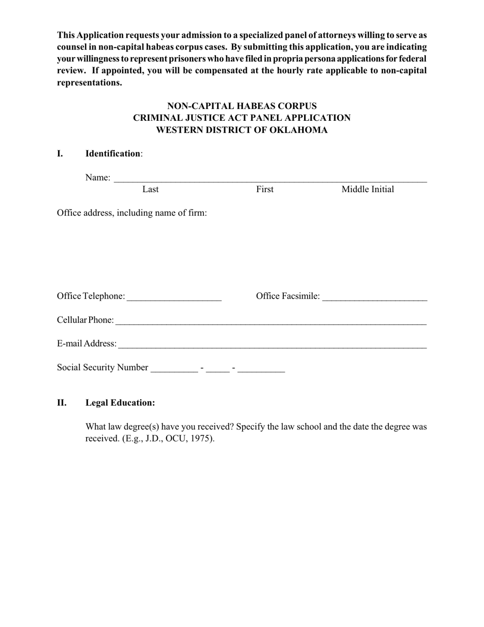 Non-capital Habeas Corpus Criminal Justice Act Panel Application - Oklahoma, Page 1