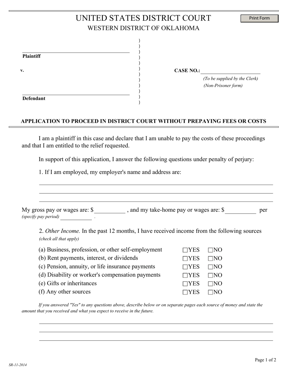 Application to Proceed in District Court Without Prepaying Fees or Costs - Oklahoma, Page 1
