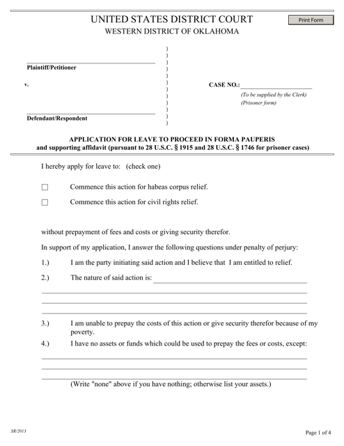 Application for Leave to Proceed in Forma Pauperis and Supporting Affidavit (Pursuant to 28 U.s.c. 1915 and 28 U.s.c. 1746 for Prisoner Cases) - Oklahoma Download Pdf