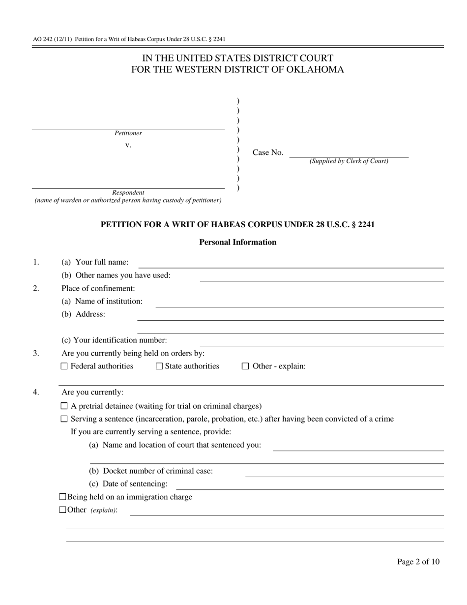 Form AO242 Petition for a Writ of Habeas Corpus Under 28 U.s.c. 2241 - Oklahoma, Page 2