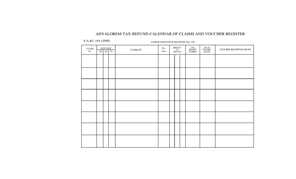Form S.A. I.164 Advalorem Tax Refund-Calendar of Claims and Voucher Register - Oklahoma, Page 1
