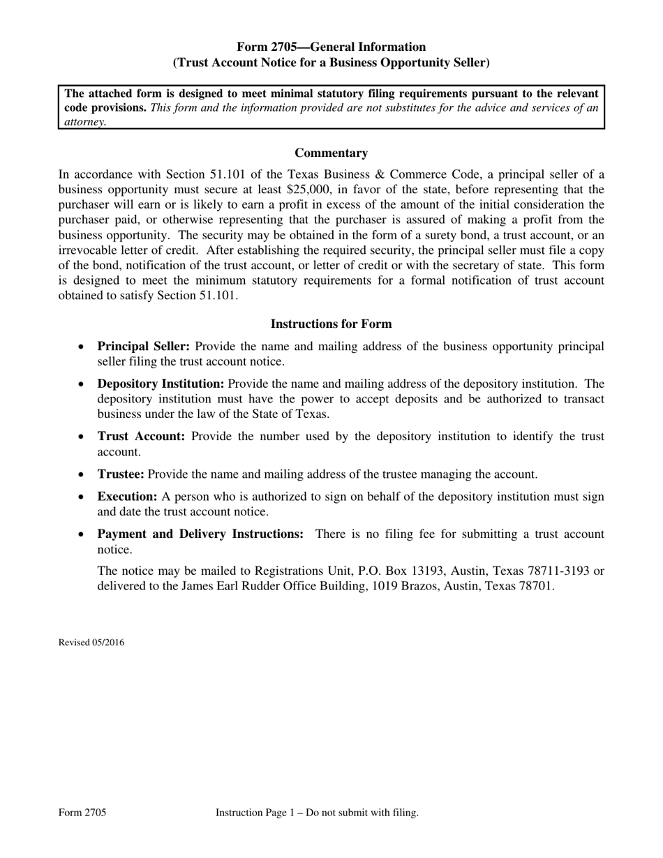 Form 2705 Trust Account Notice for a Business Opportunity Seller - Texas, Page 1