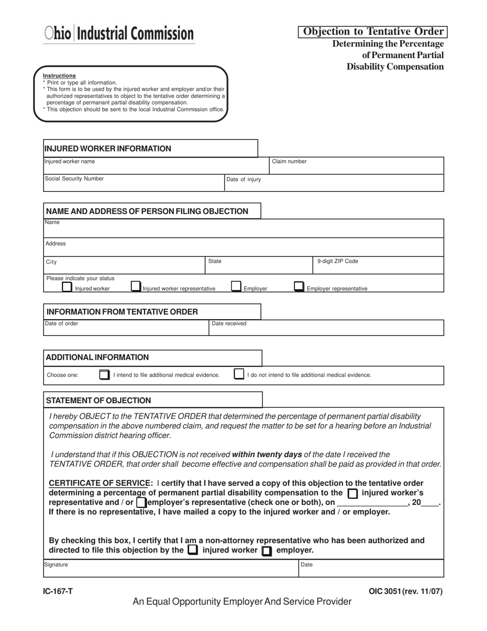 Form IC-167-T (OIC3051) Objection to Tentative Order - Ohio, Page 1