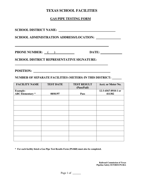 Form PS-86A Gas Pipe Testing Form - Texas