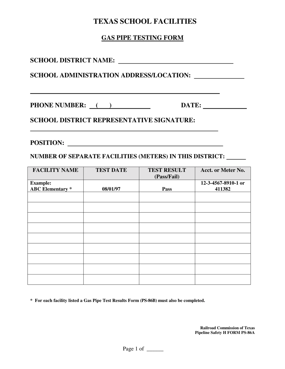 Form PS-86A Gas Pipe Testing Form - Texas, Page 1