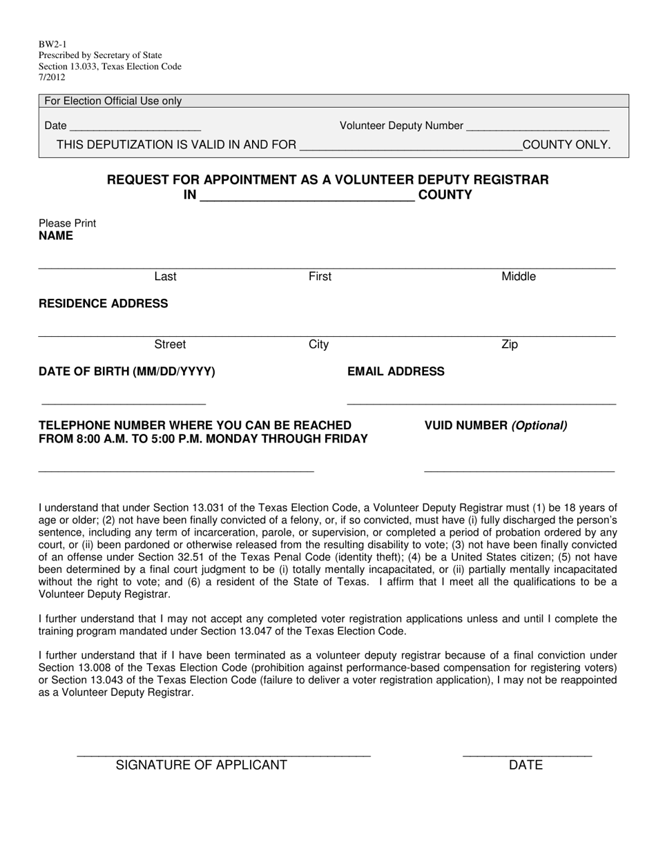 Form BW2-1 Request for Appointment as a Volunteer Deputy Registrar - Texas (English / Spanish), Page 1