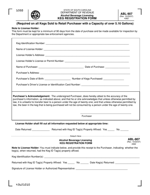 Form ABL-907 Alcohol Beverage Licensing Keg Registration Form - South Carolina