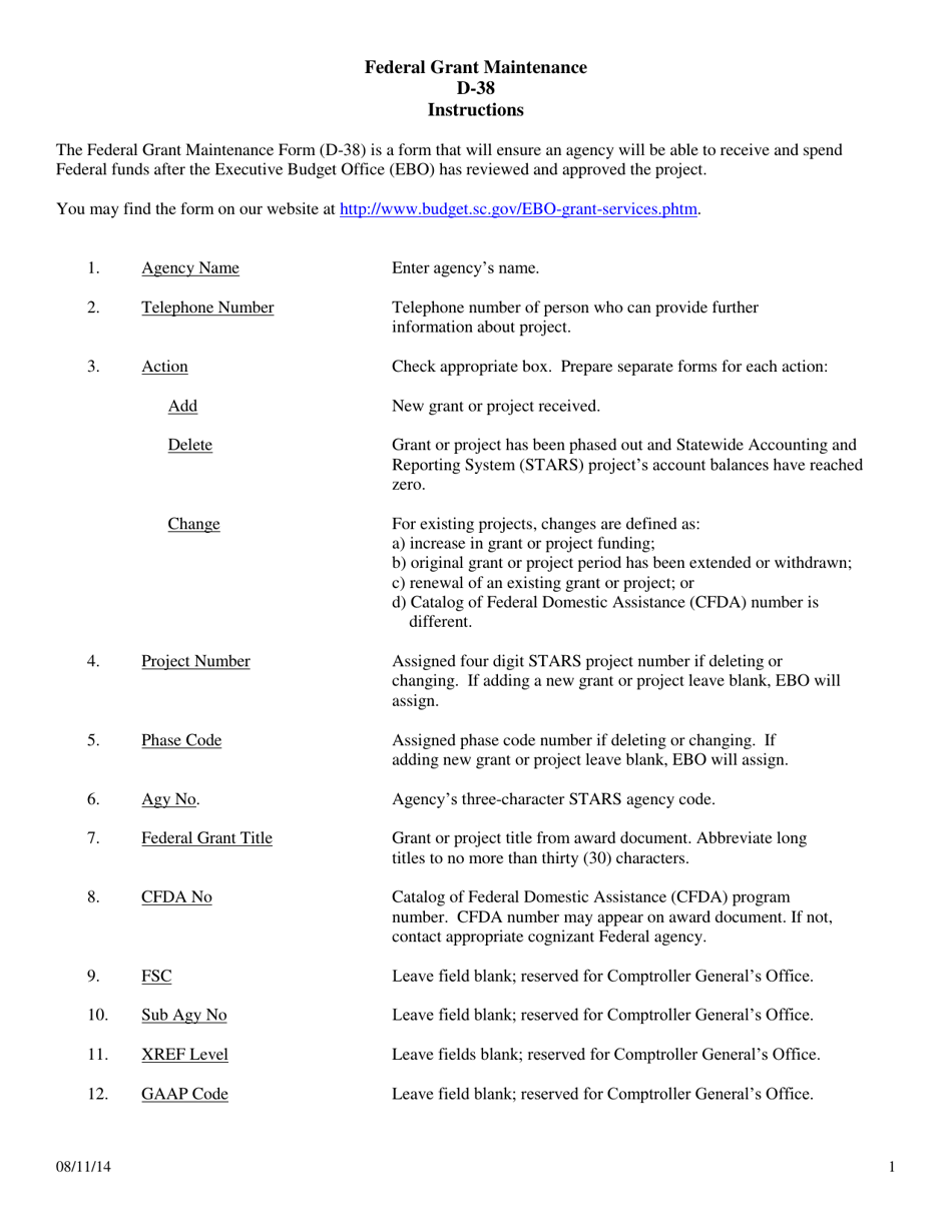 Instructions for Form D-38 Federal Grant Maintenance - South Carolina, Page 1