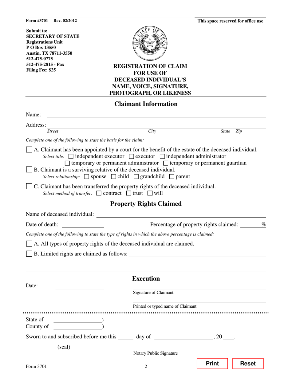 Form 3701 Registration of Claim for Use of Deceased Individuals Name, Voice, Signature, Photograph, or Likeness - Texas, Page 2