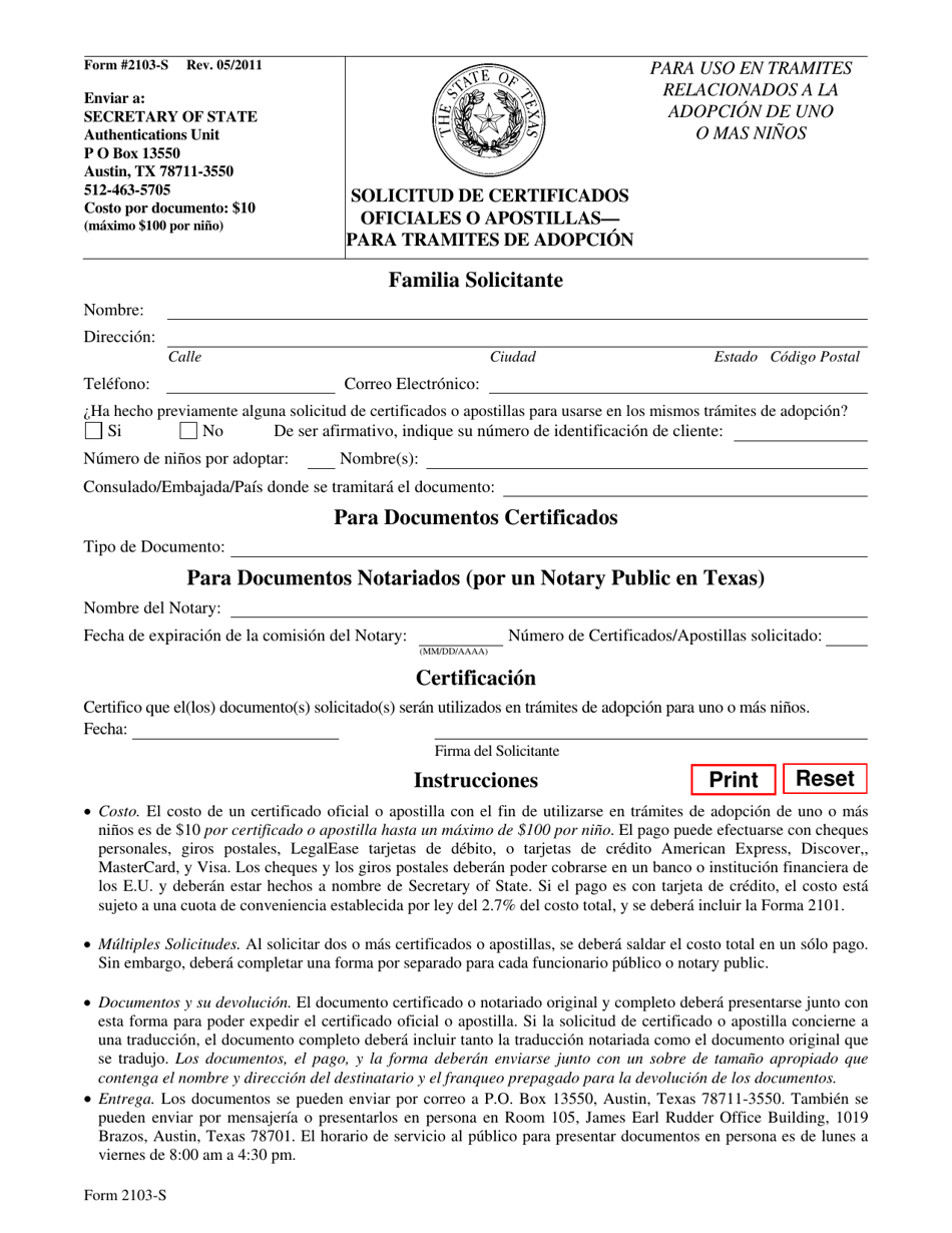 Formulario 2103-S Solicitud De Certificados Oficiales O Apostillas Para Tramites De Adopcion - Texas (Spanish), Page 1